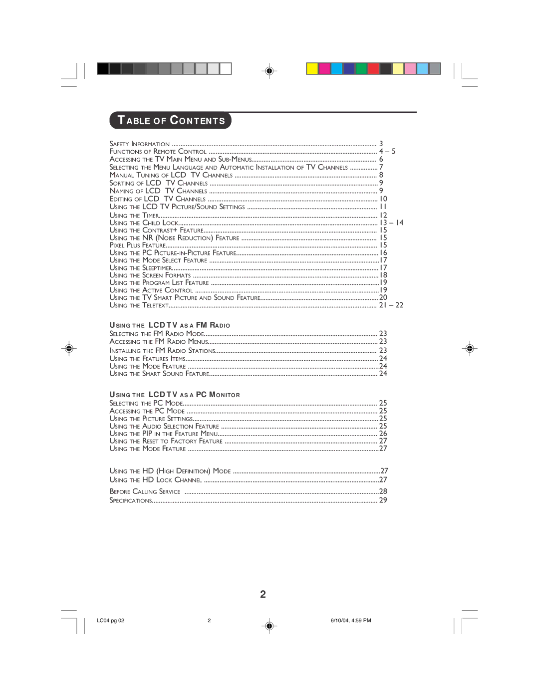 Philips 26PF9946, 23PF9946, 23PF9956, 26PF9956 operating instructions Table of Contents 