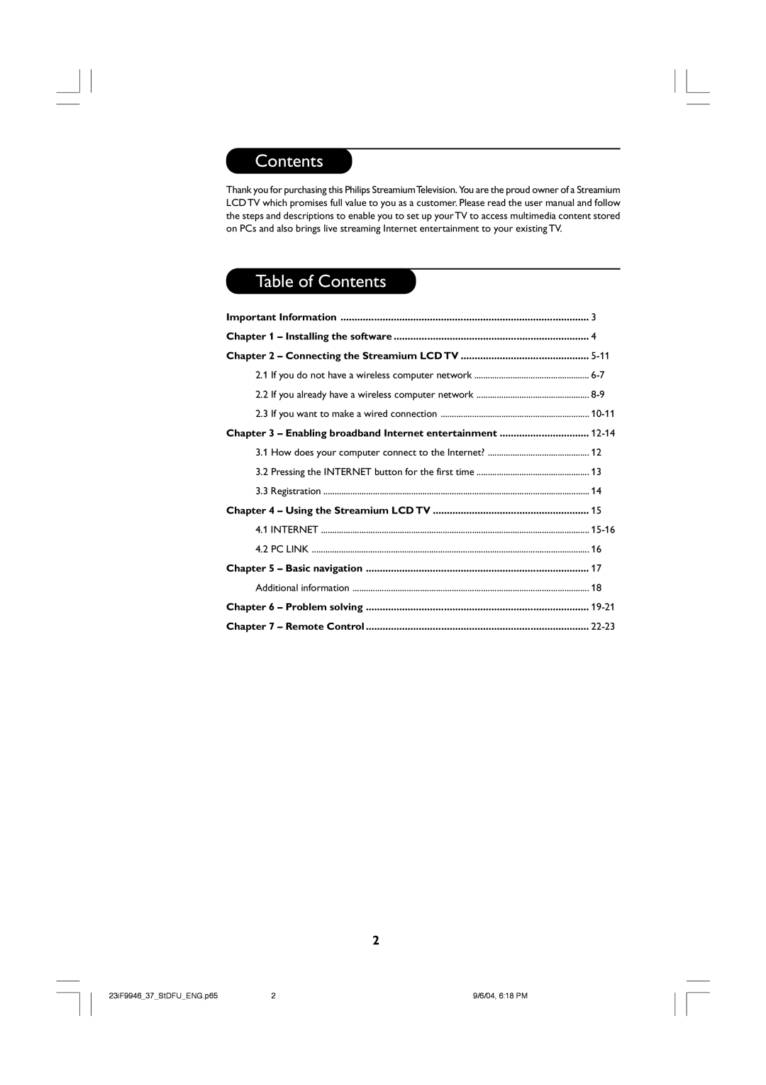 Philips 23PF9976i user manual Contents Table of Contents 