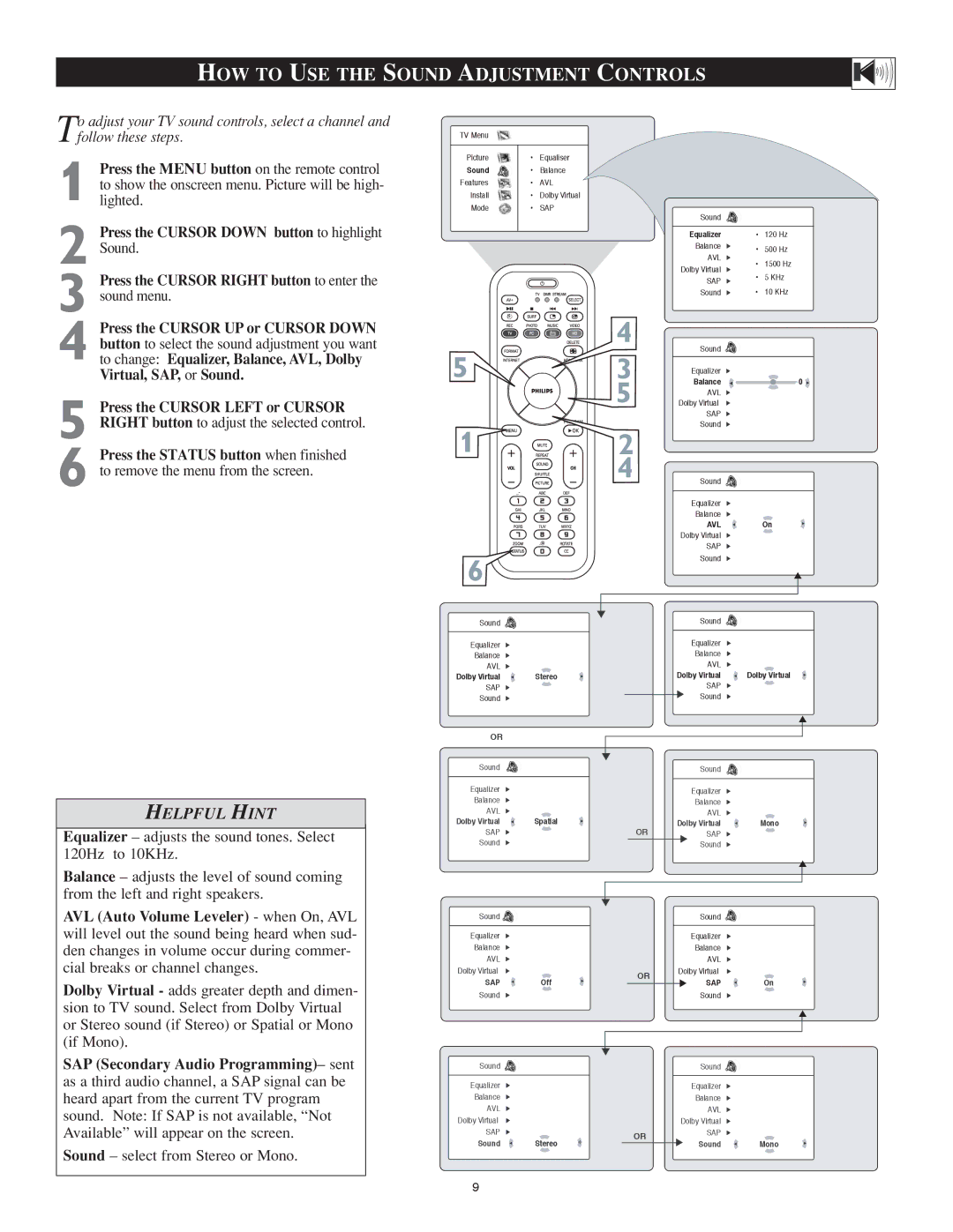 Philips 23PF9976i user manual HOW to USE the Sound Adjustment Controls, Sound select from Stereo or Mono 