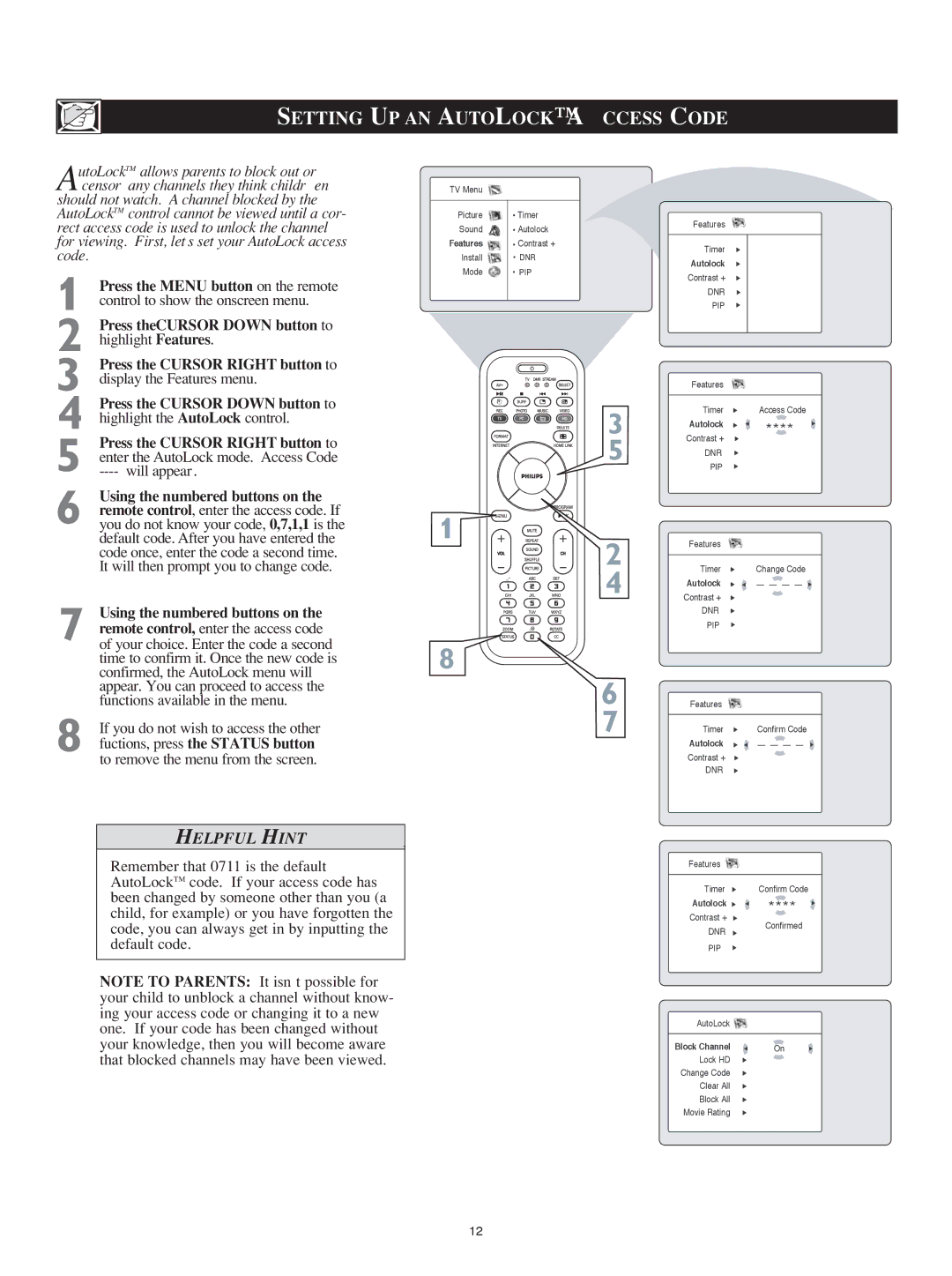 Philips 23PF9976i user manual Setting UP AN Autolock a Ccess Code, Using the numbered buttons on 