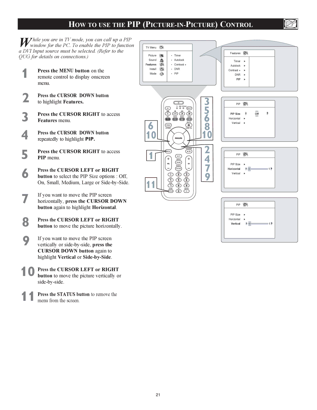 Philips 23PF9976i user manual HOW to USE the PIP PICTURE-IN-PICTURE Control, Button to select the PIP Size options Off 