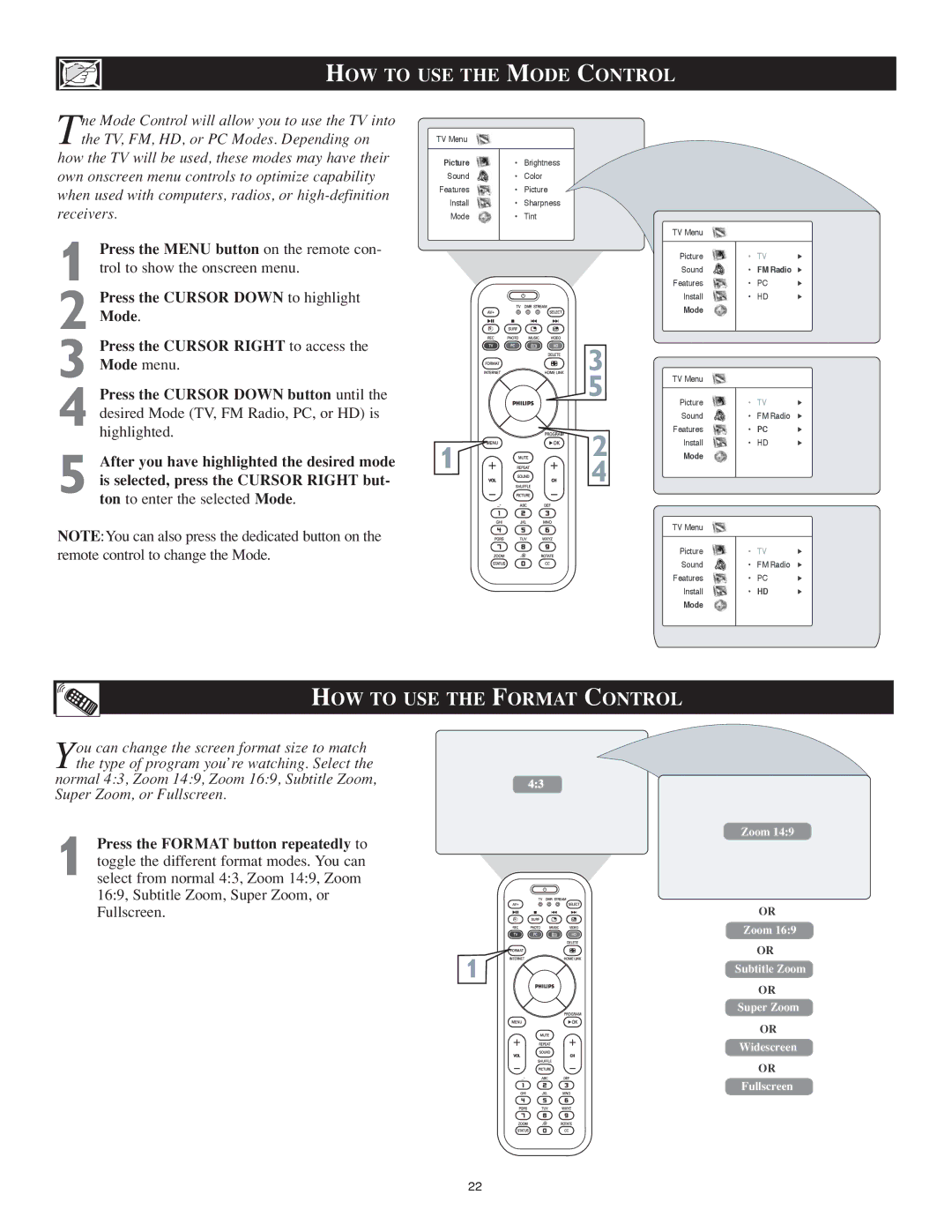 Philips 23PF9976i user manual HOW to USE the Mode Control, HOW to USE the Format Control 