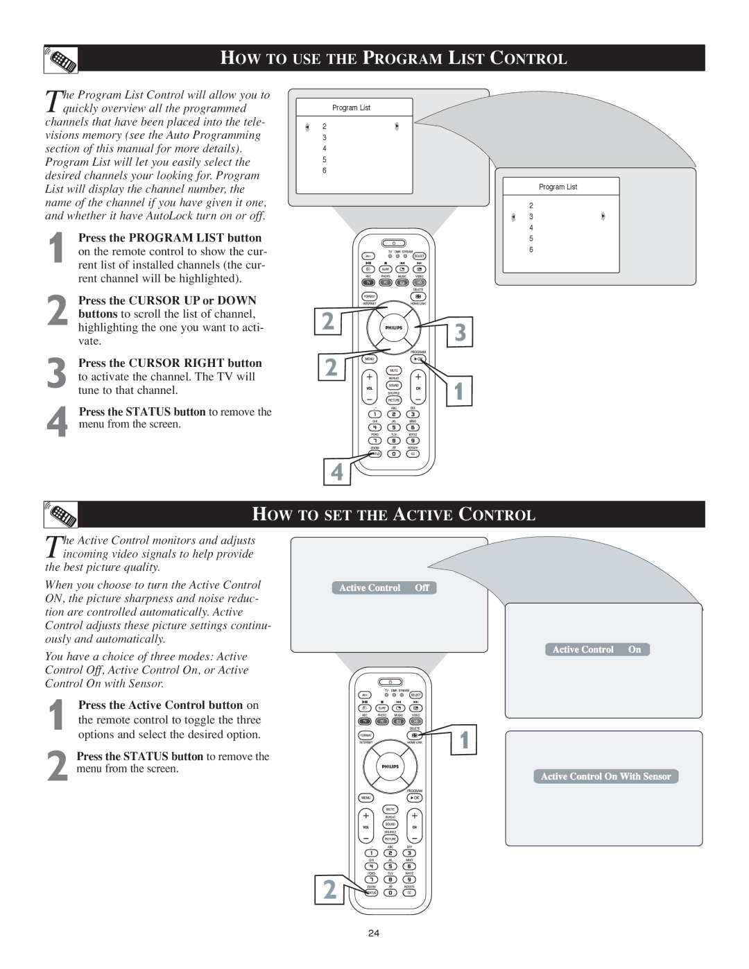 Philips 23PF9976i user manual HOW to USE the Program List Control, HOW to SET the Active Control 