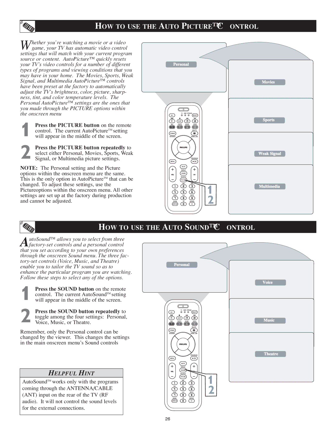 Philips 23PF9976i user manual HOW to USE the Auto Picture C Ontrol, HOW to USE the Auto Sound C Ontrol 