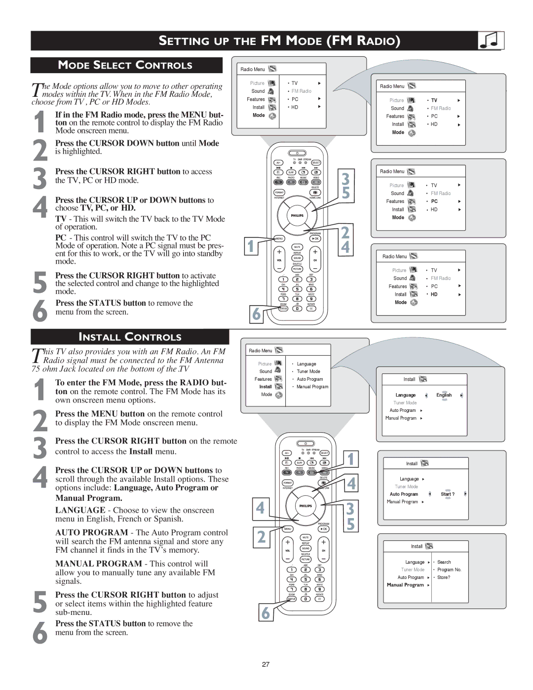 Philips 23PF9976i user manual Mode Select Controls, Install Controls 