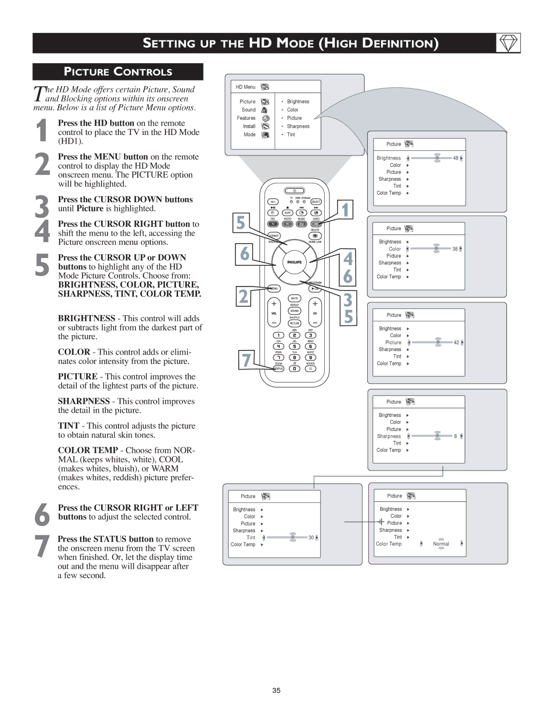 Philips 23PF9976i user manual Picture Controls, BRIGHTNESS, COLOR, PICTURE, SHARPNESS, TINT, Color Temp 