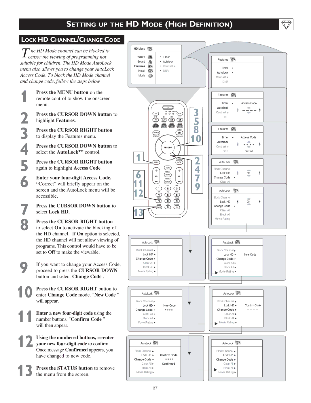 Philips 23PF9976i user manual Lock HD CHANNEL/CHANGE Code 