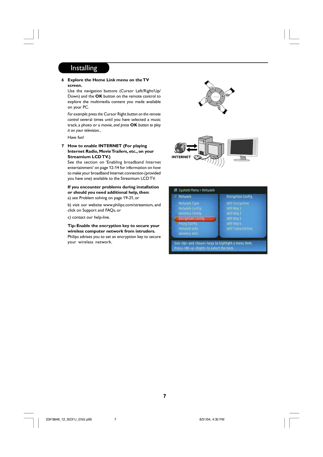 Philips 23PF9976i user manual Explore the Home Link menu on the TV screen, Internet 