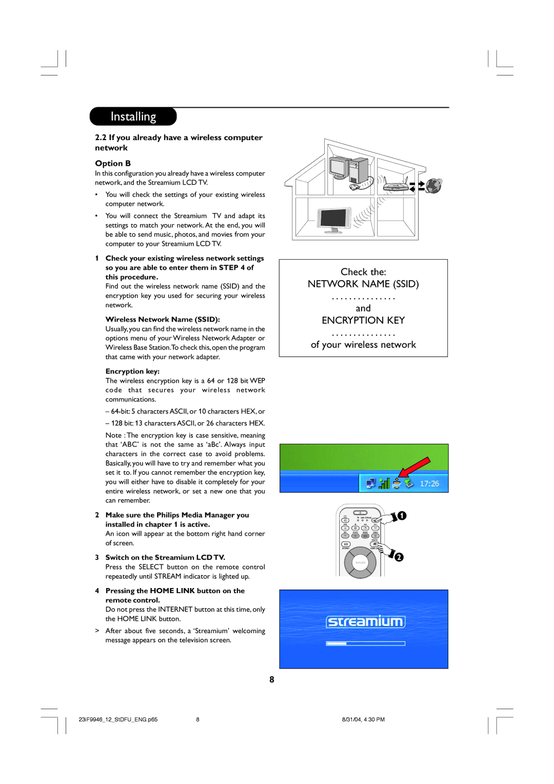 Philips 23PF9976i If you already have a wireless computer network Option B, Wireless Network Name Ssid, Encryption key 