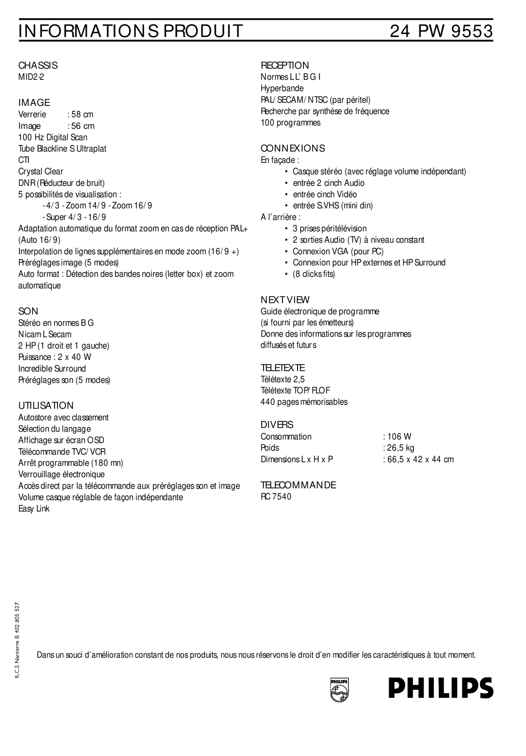 Philips 24 PW 9553 Chassis, Image, Son, Utilisation, Reception, Connexions, Next View, Teletexte, Divers, Telecommande 