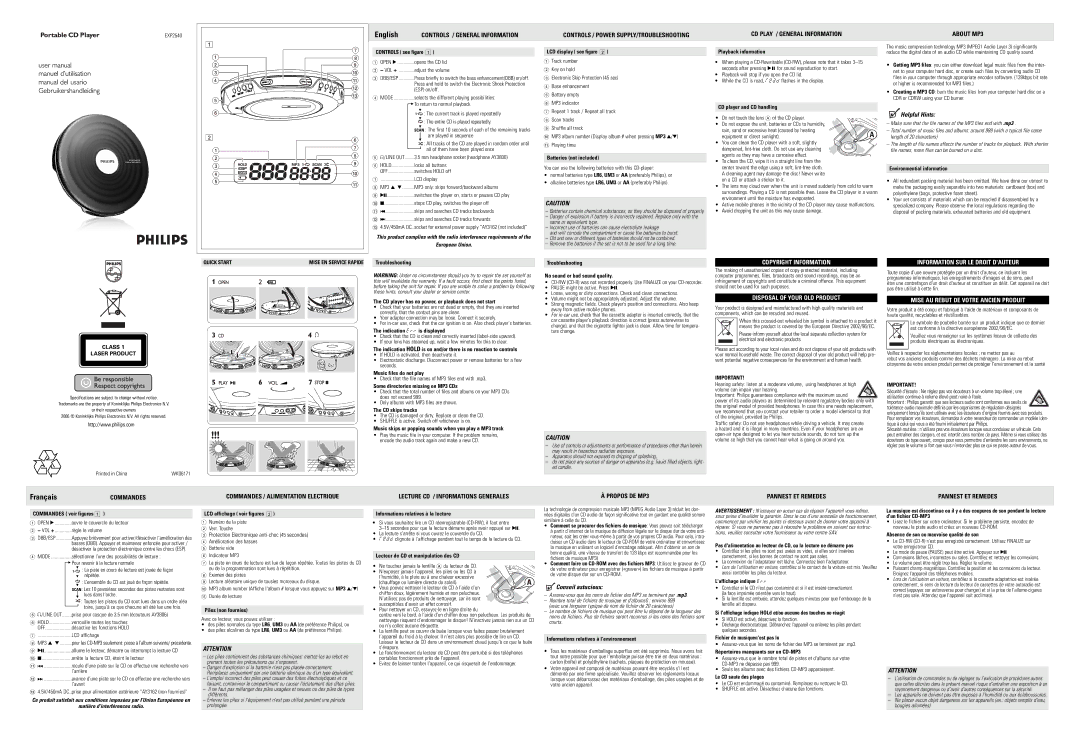 Philips 2400 user manual Controls see figure, LCD display see figure, Batteries not included, Playback information 