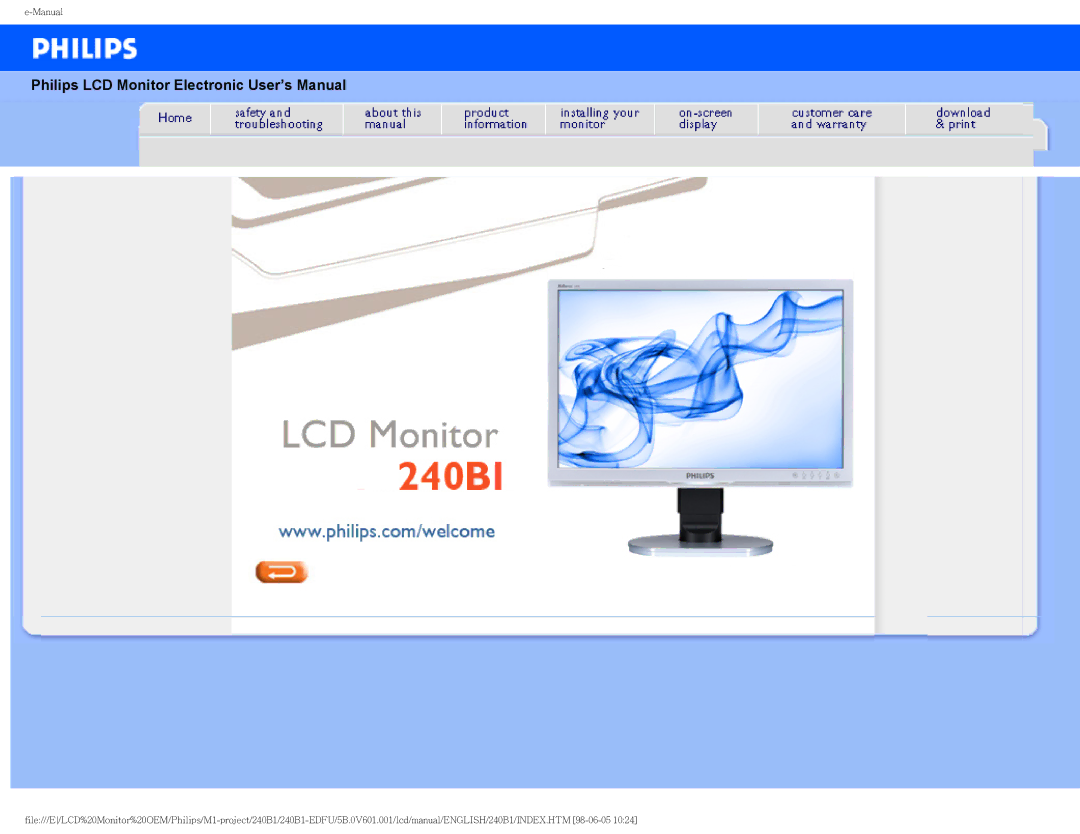 Philips 240B1CS/00 user manual Philips LCD Monitor Electronic User’s Manual 