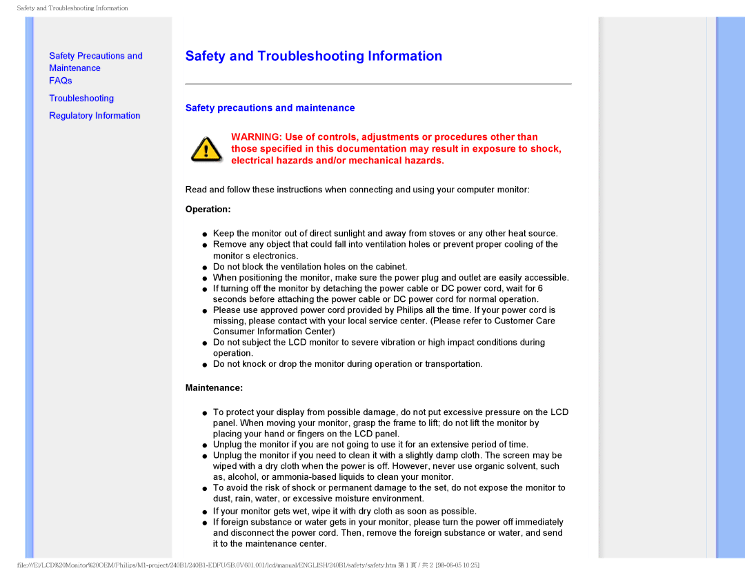 Philips 240B1CS/00 Safety and Troubleshooting Information, Safety precautions and maintenance, Operation, Maintenance 