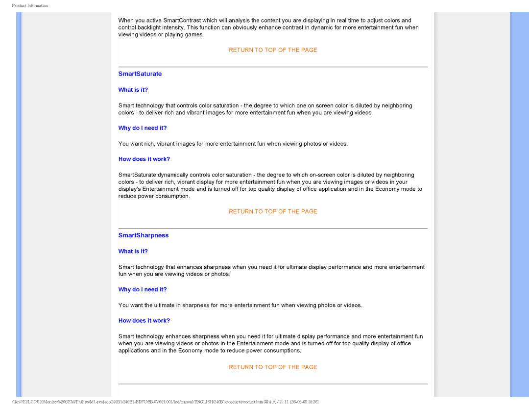 Philips 240B1CS/00 user manual SmartSaturate, SmartSharpness 