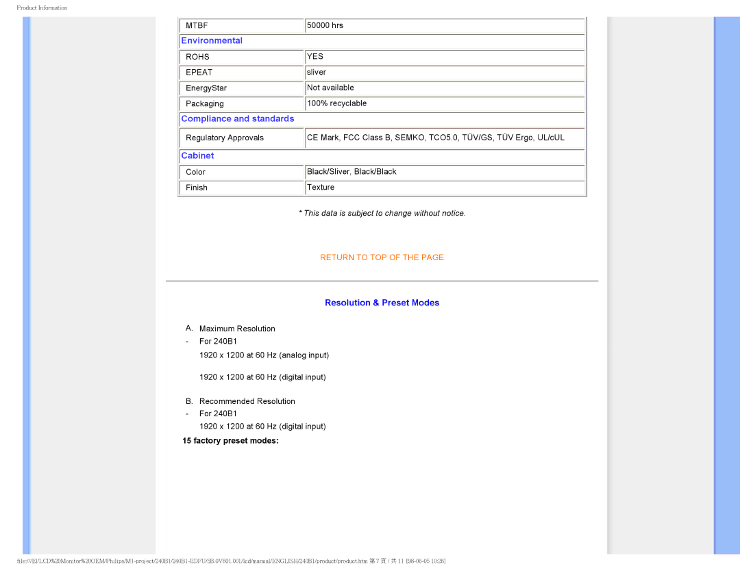 Philips 240B1CS/00 user manual Environmental, Resolution & Preset Modes 