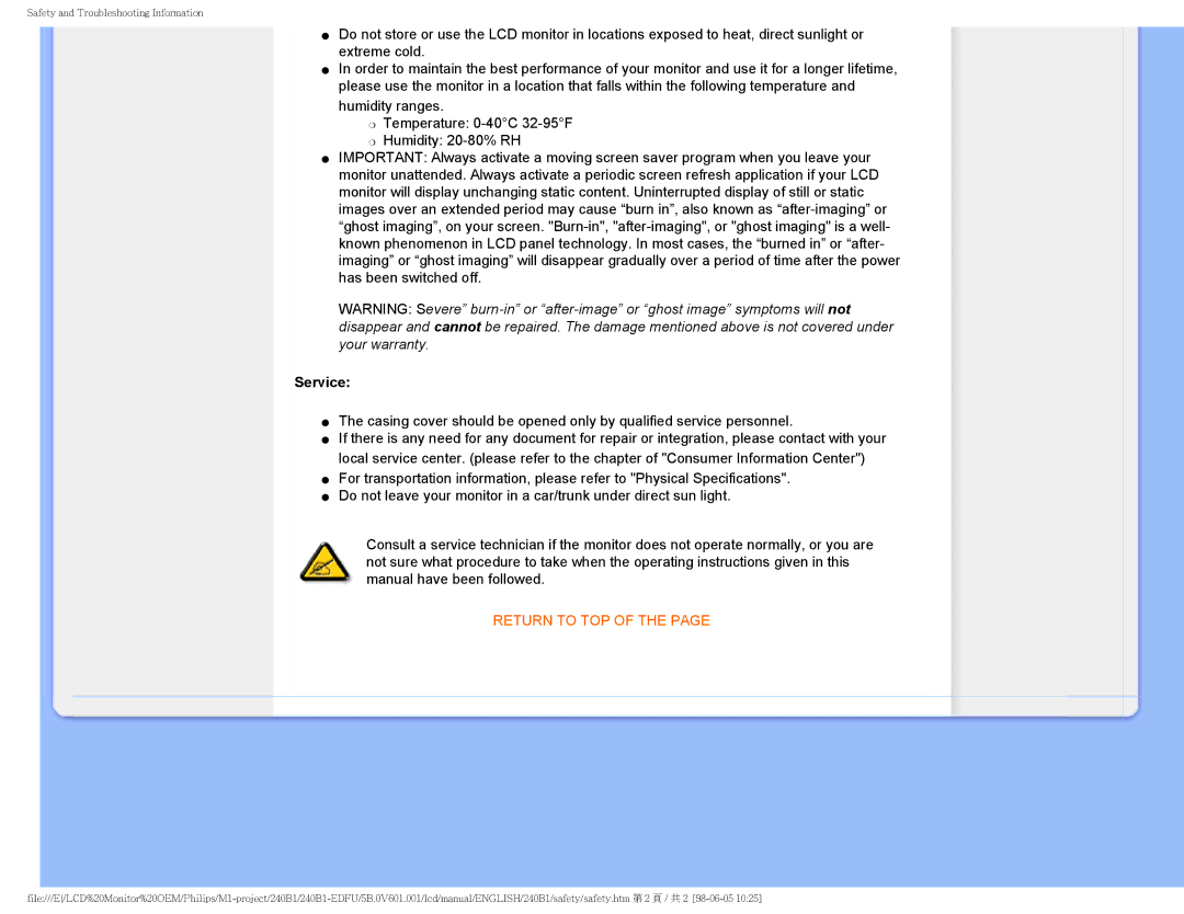 Philips 240B1CS/00 user manual Service, Return to TOP 