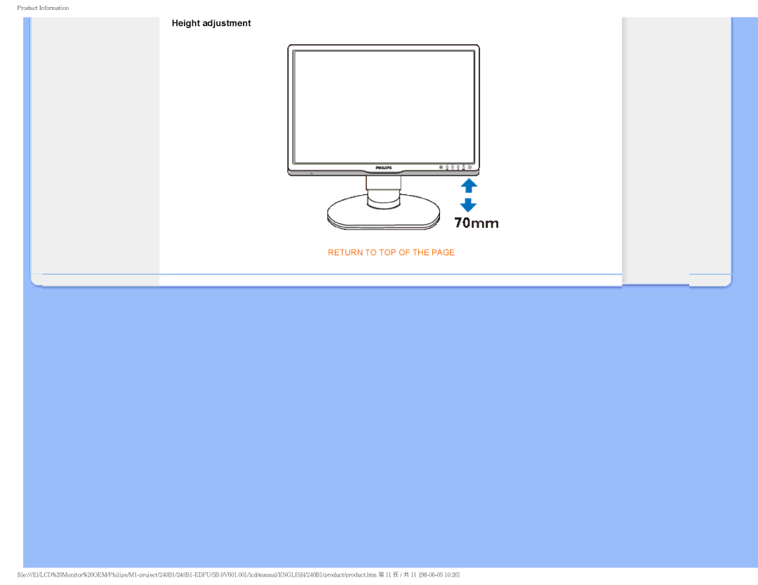 Philips 240B1CS/00 user manual Height adjustment 