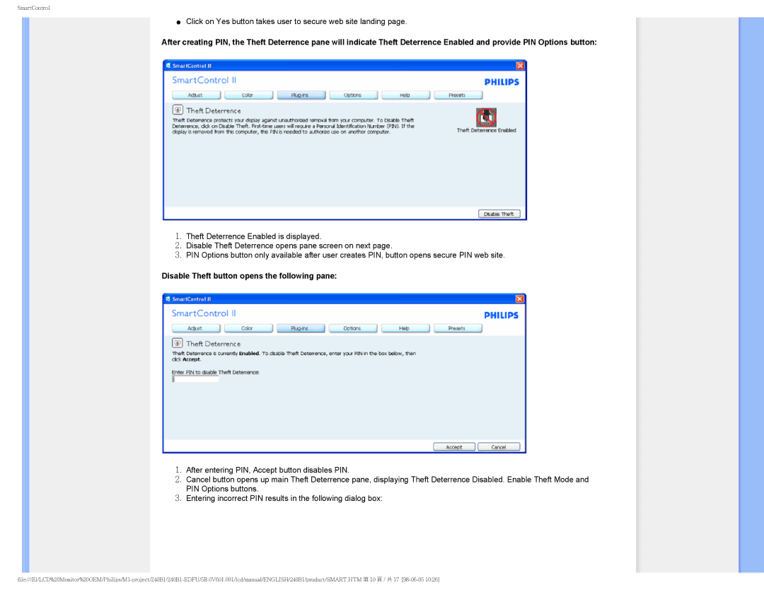 Philips 240B1CS/00 user manual Disable Theft button opens the following pane 