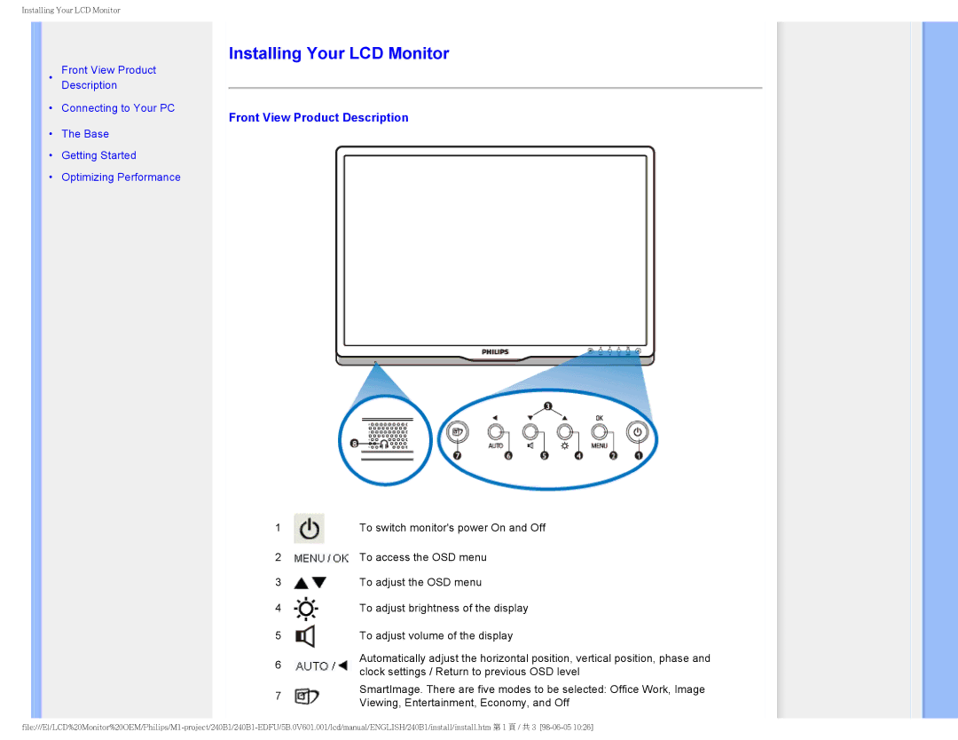 Philips 240B1CS/00 user manual Installing Your LCD Monitor, Front View Product Description 