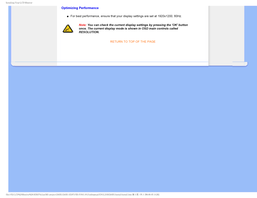 Philips 240B1CS/00 user manual Optimizing Performance, Resolution 