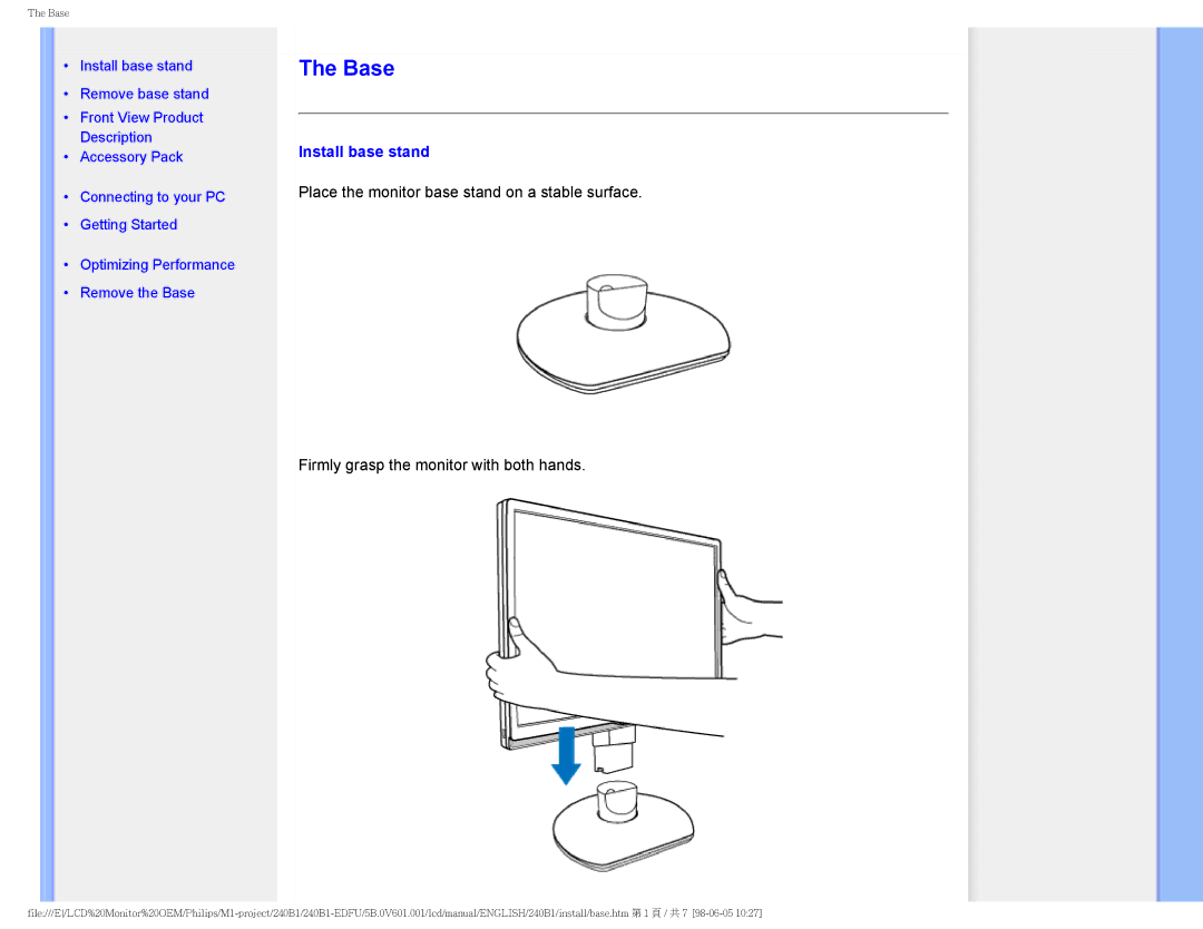 Philips 240B1CS/00 user manual Base, Install base stand 