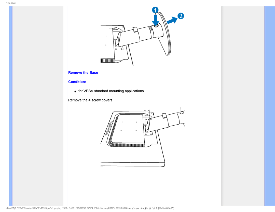 Philips 240B1CS/00 user manual Remove the Base Condition 