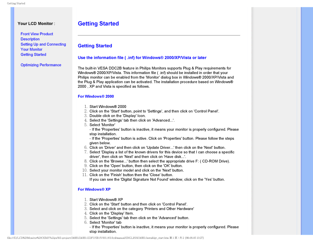 Philips 240B1CS/00 user manual Getting Started, For Windows XP 
