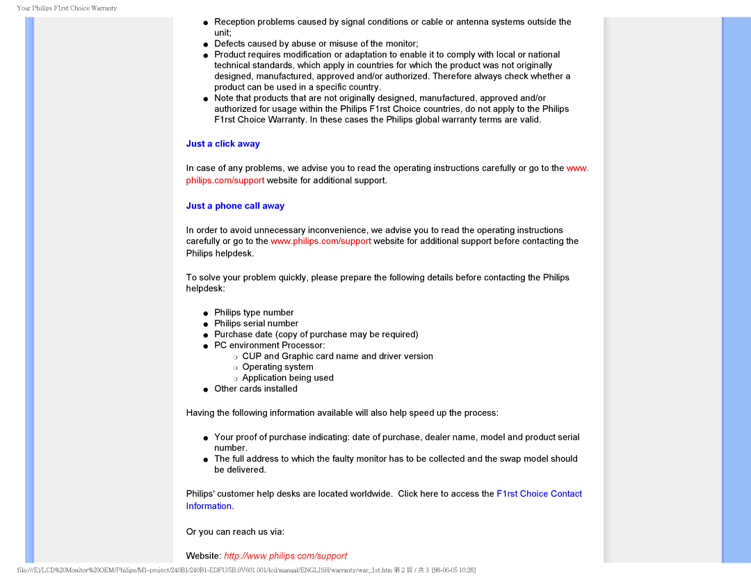 Philips 240B1CS/00 user manual Just a click away Just a phone call away, Information 