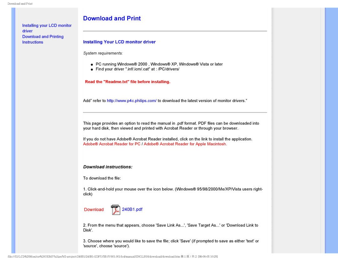 Philips 240B1CS/00 user manual Download and Print, Installing Your LCD monitor driver 