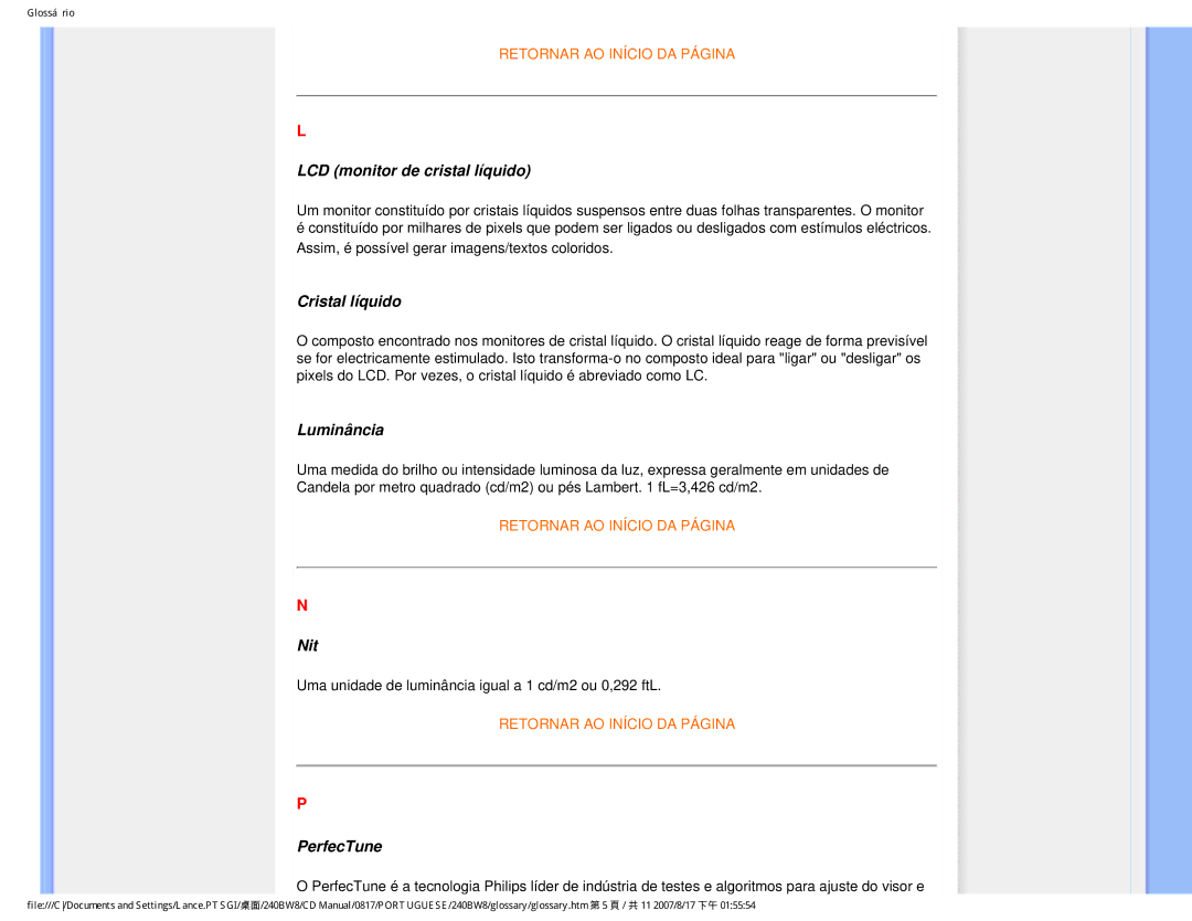 Philips 240BW8 user manual LCD monitor de cristal líquido, Cristal líquido, Luminância, Nit, PerfecTune 