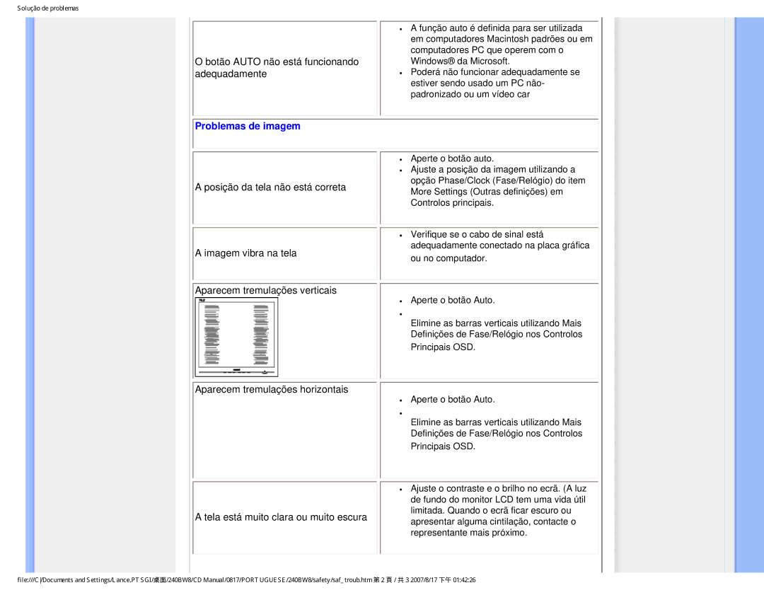 Philips 240BW8 user manual Problemas de imagem 