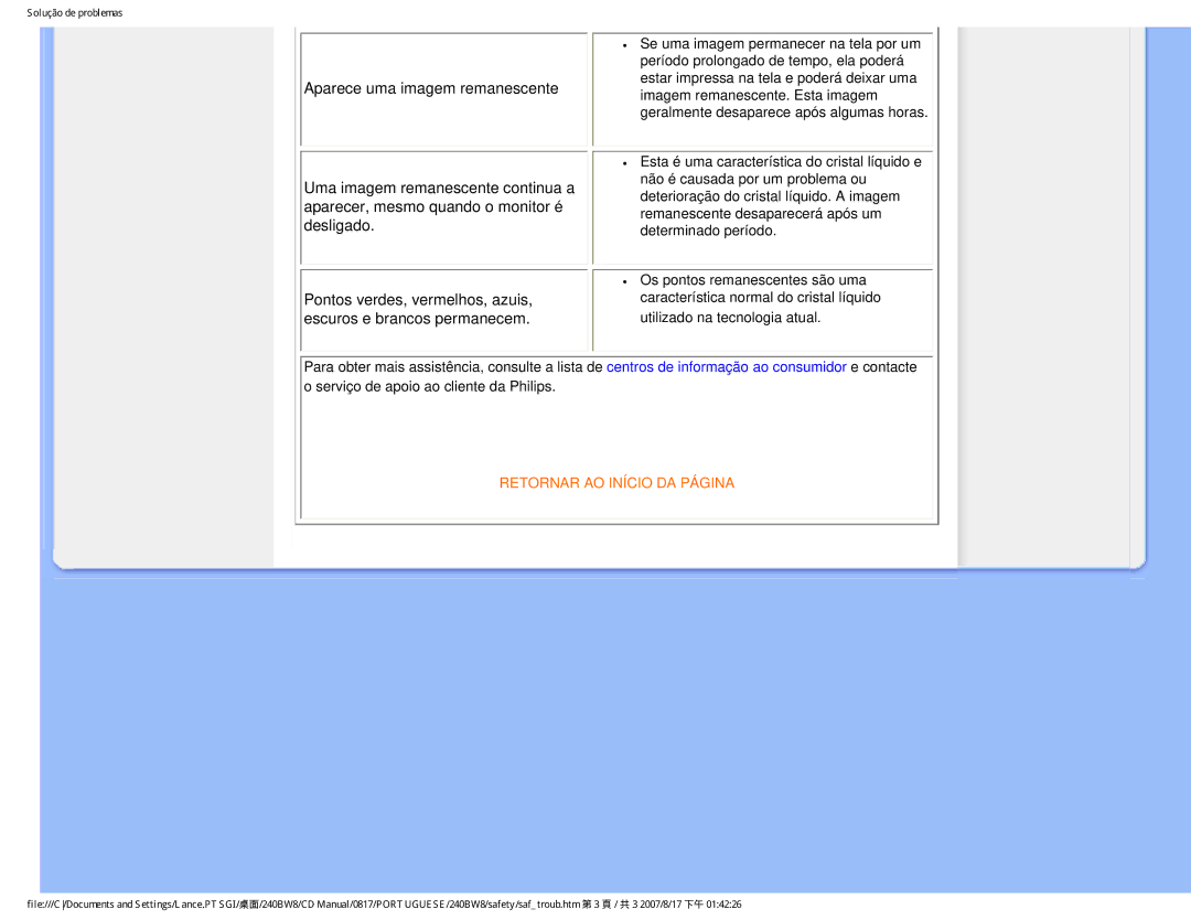 Philips 240BW8 user manual Retornar AO Início DA Página 