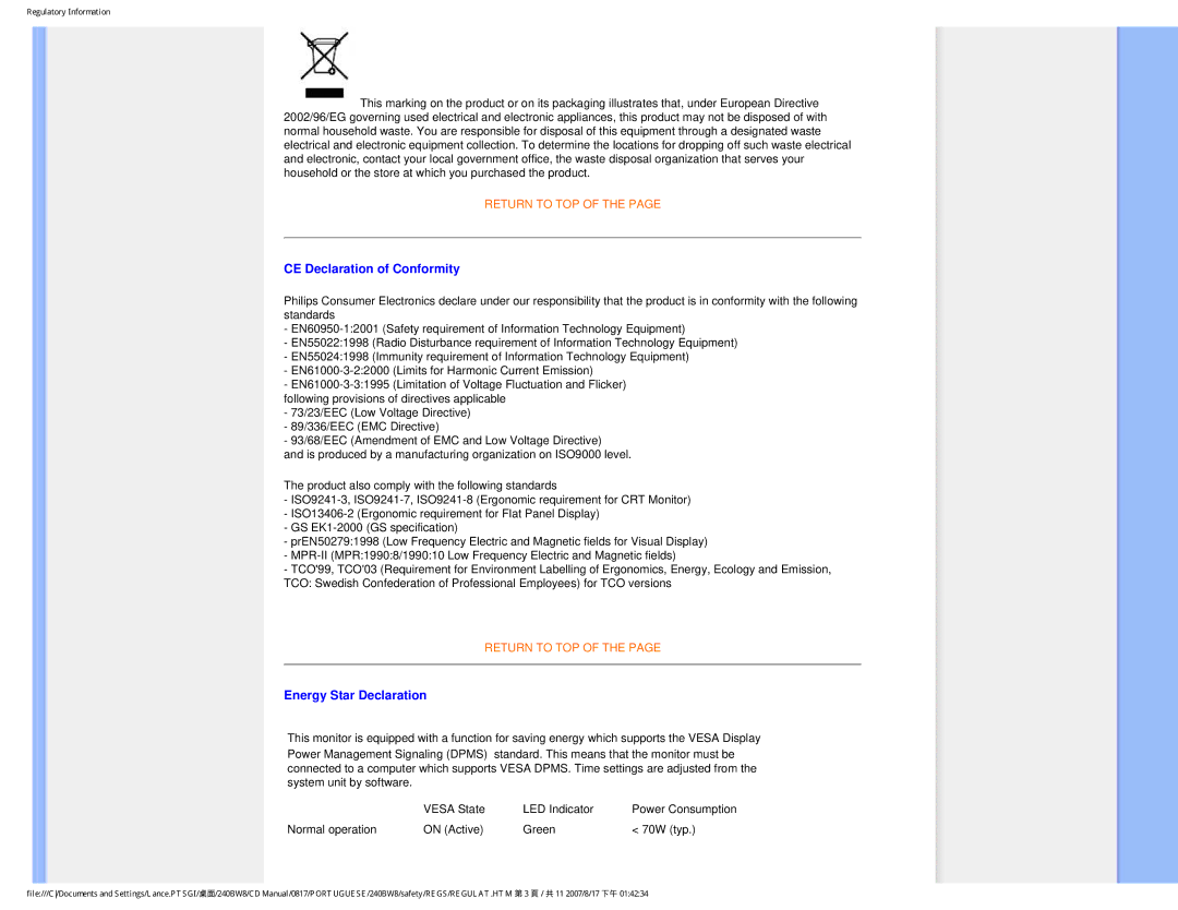 Philips 240BW8 user manual CE Declaration of Conformity, Energy Star Declaration 