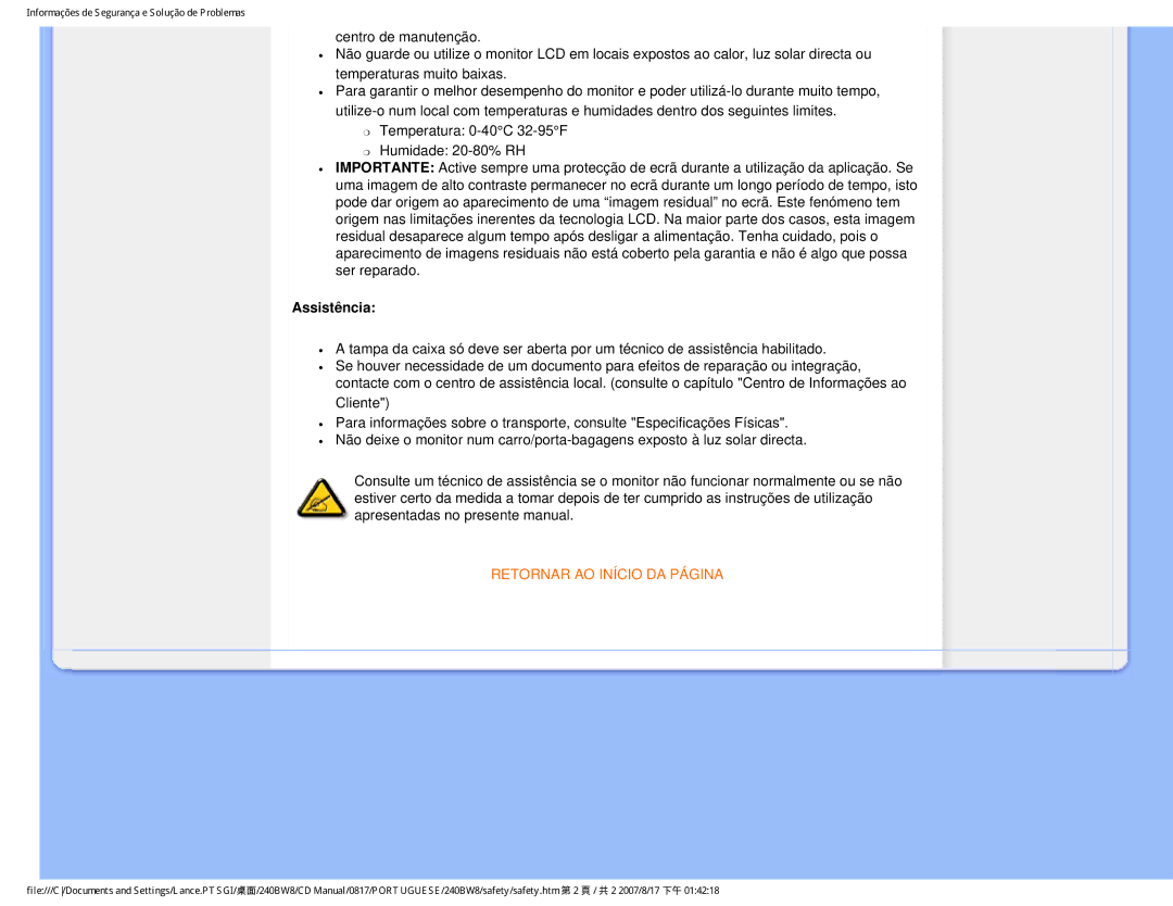 Philips 240BW8 user manual Assistência, Retornar AO Início DA Página 
