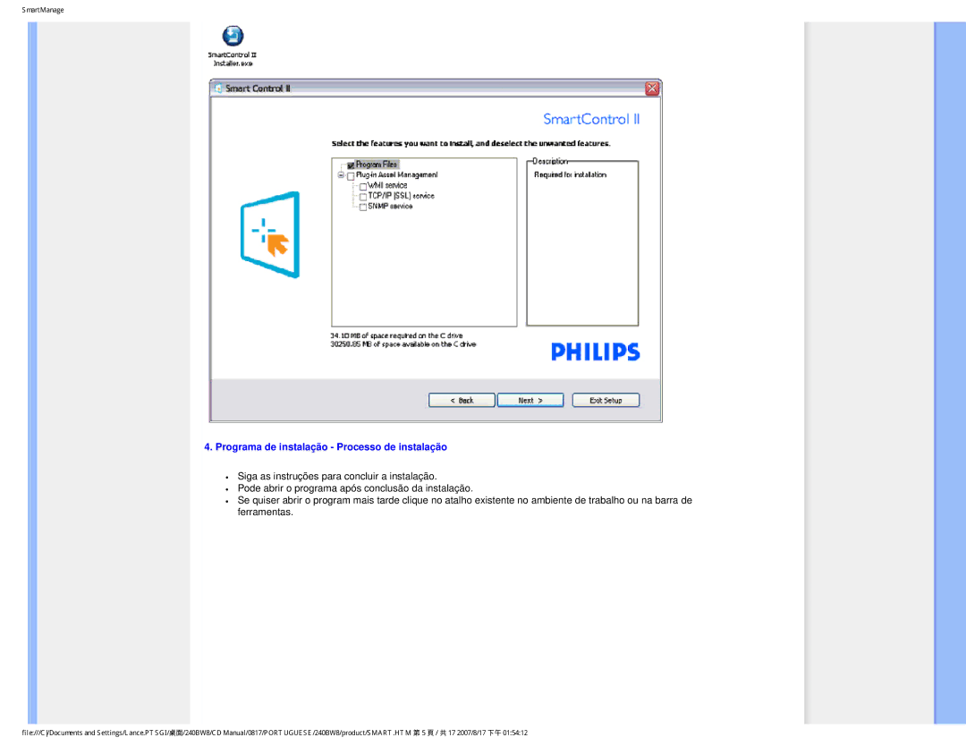 Philips 240BW8 user manual Programa de instalação Processo de instalação 