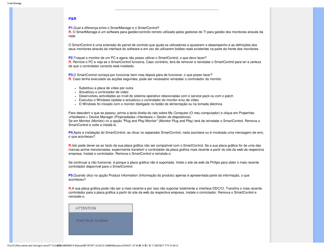 Philips 240BW8 user manual SmartManage 