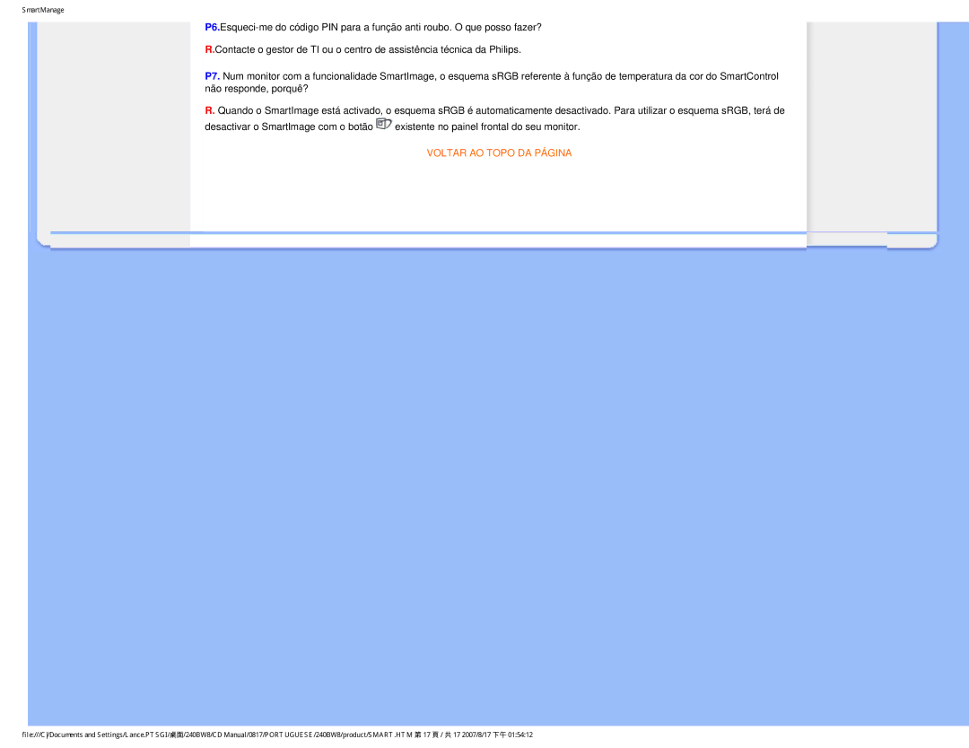 Philips 240BW8 user manual Voltar AO Topo DA Página 