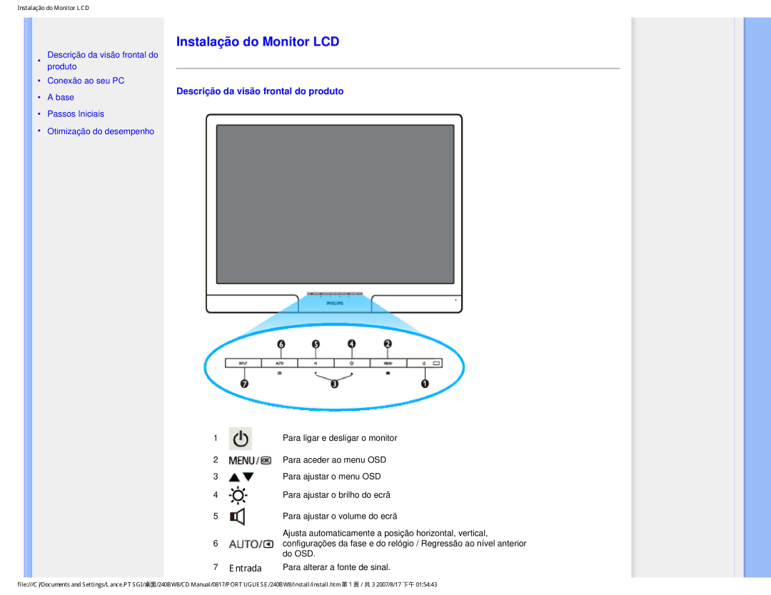 Philips 240BW8 user manual Instalação do Monitor LCD 