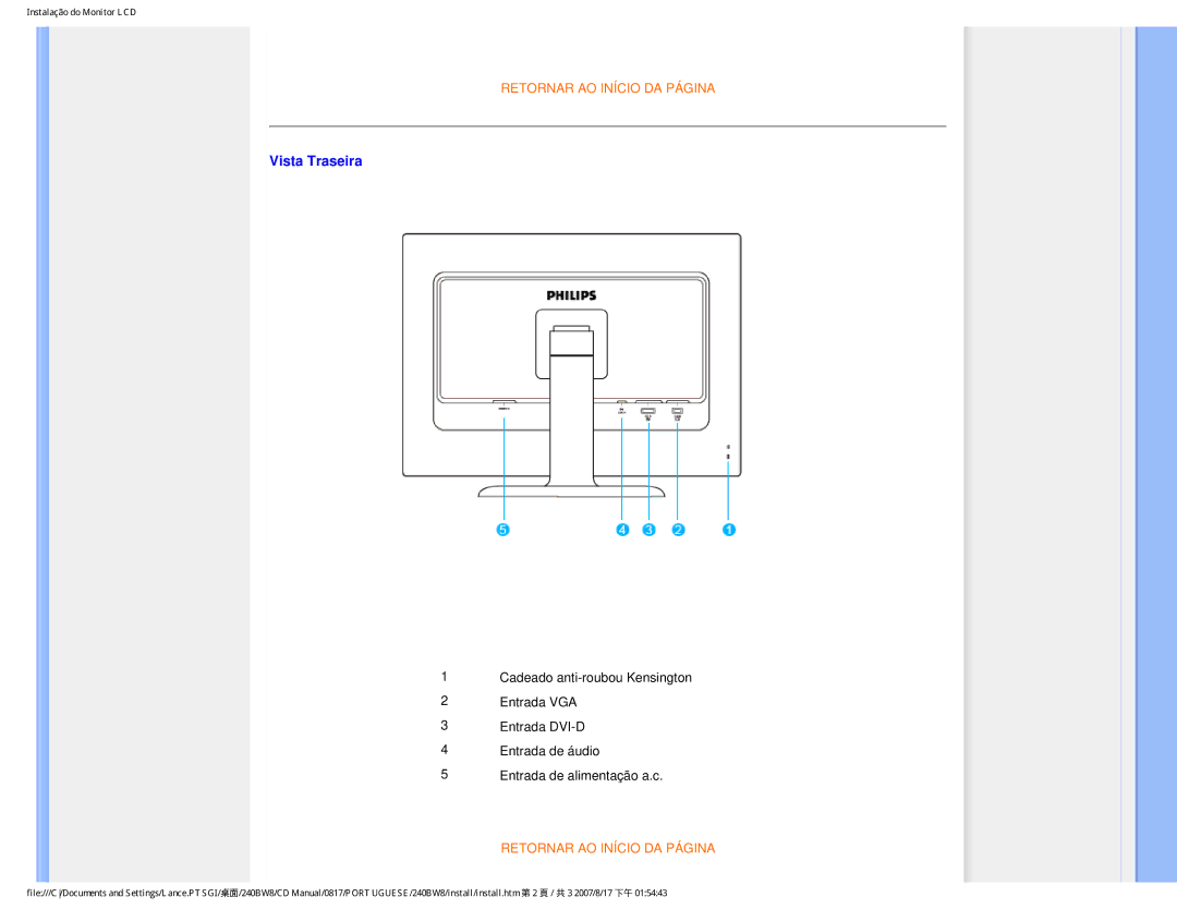 Philips 240BW8 user manual Vista Traseira 