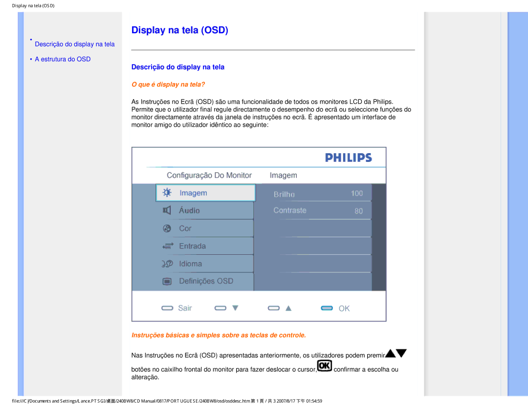 Philips 240BW8 user manual Display na tela OSD, Descrição do display na tela 