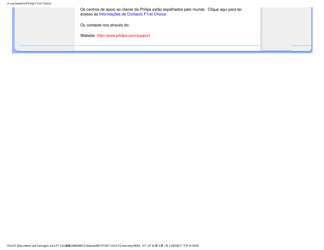 Philips 240BW8 user manual Sua Garantia Philips F1rst Choice 