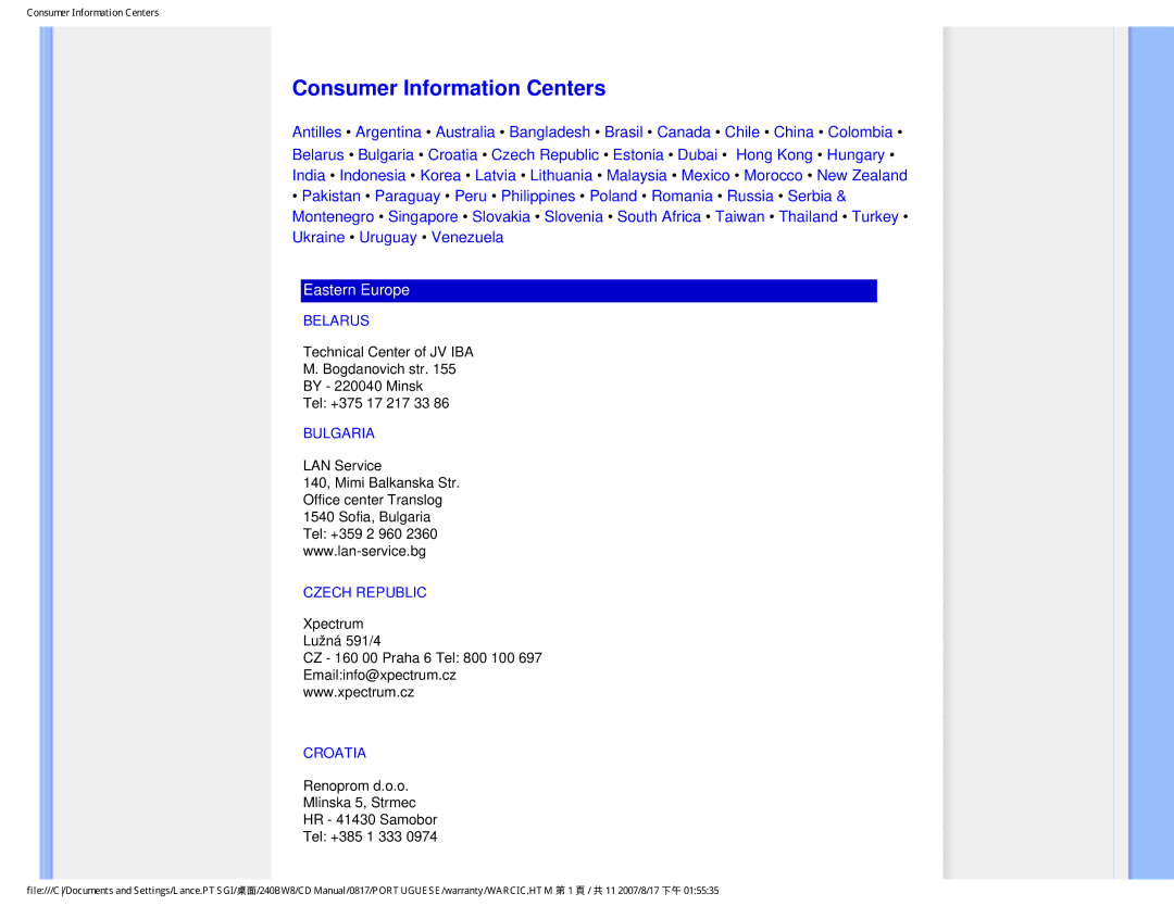 Philips 240BW8 user manual Consumer Information Centers, Belarus, Bulgaria, Czech Republic, Croatia 