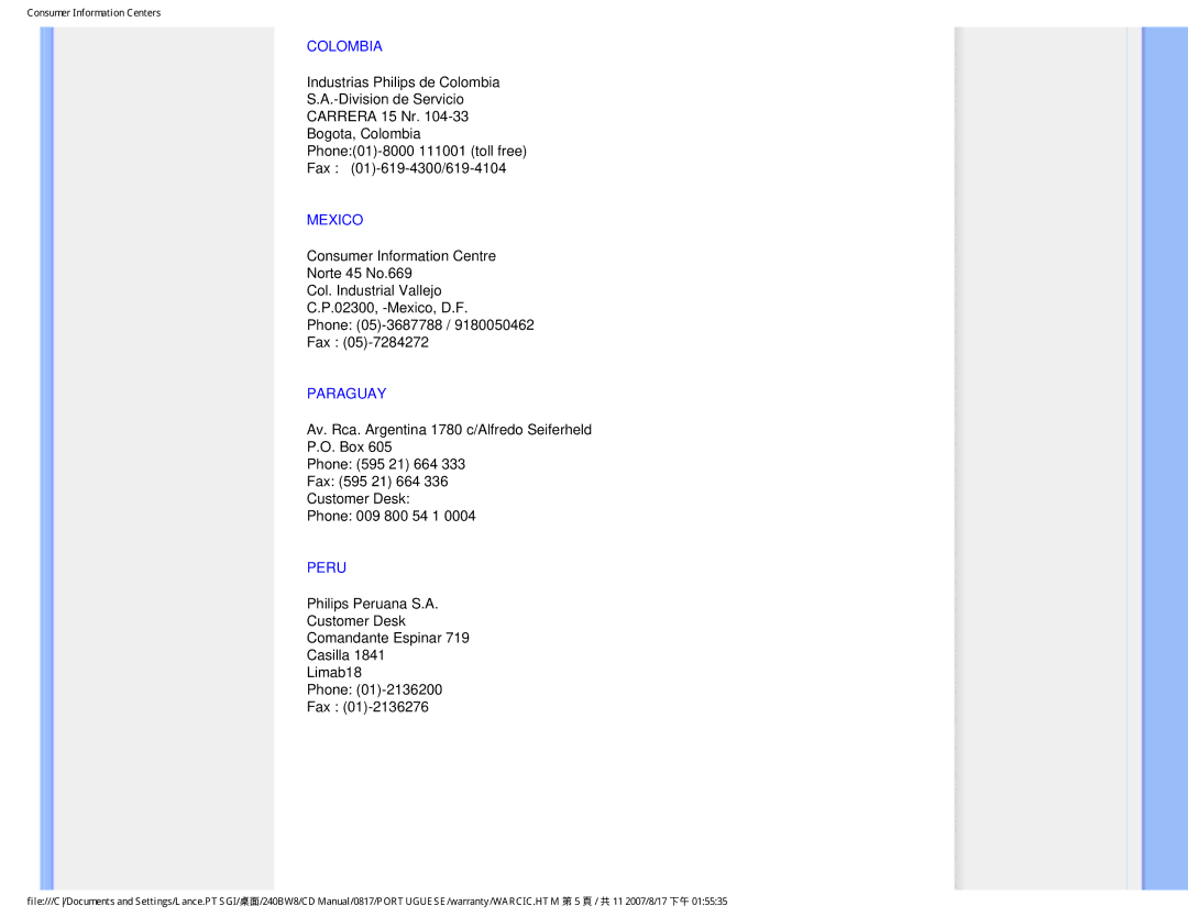 Philips 240BW8 user manual Colombia, Mexico, Paraguay, Peru 