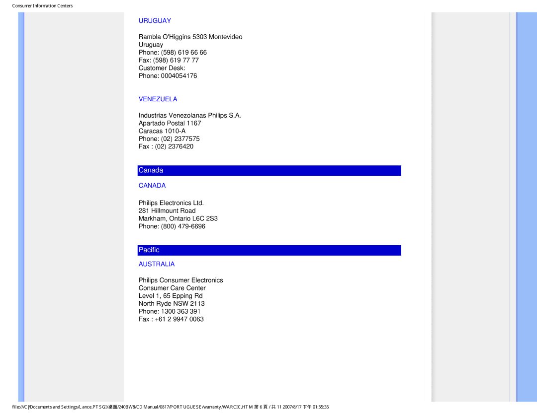 Philips 240BW8 user manual Uruguay, Venezuela, Canada, Australia 