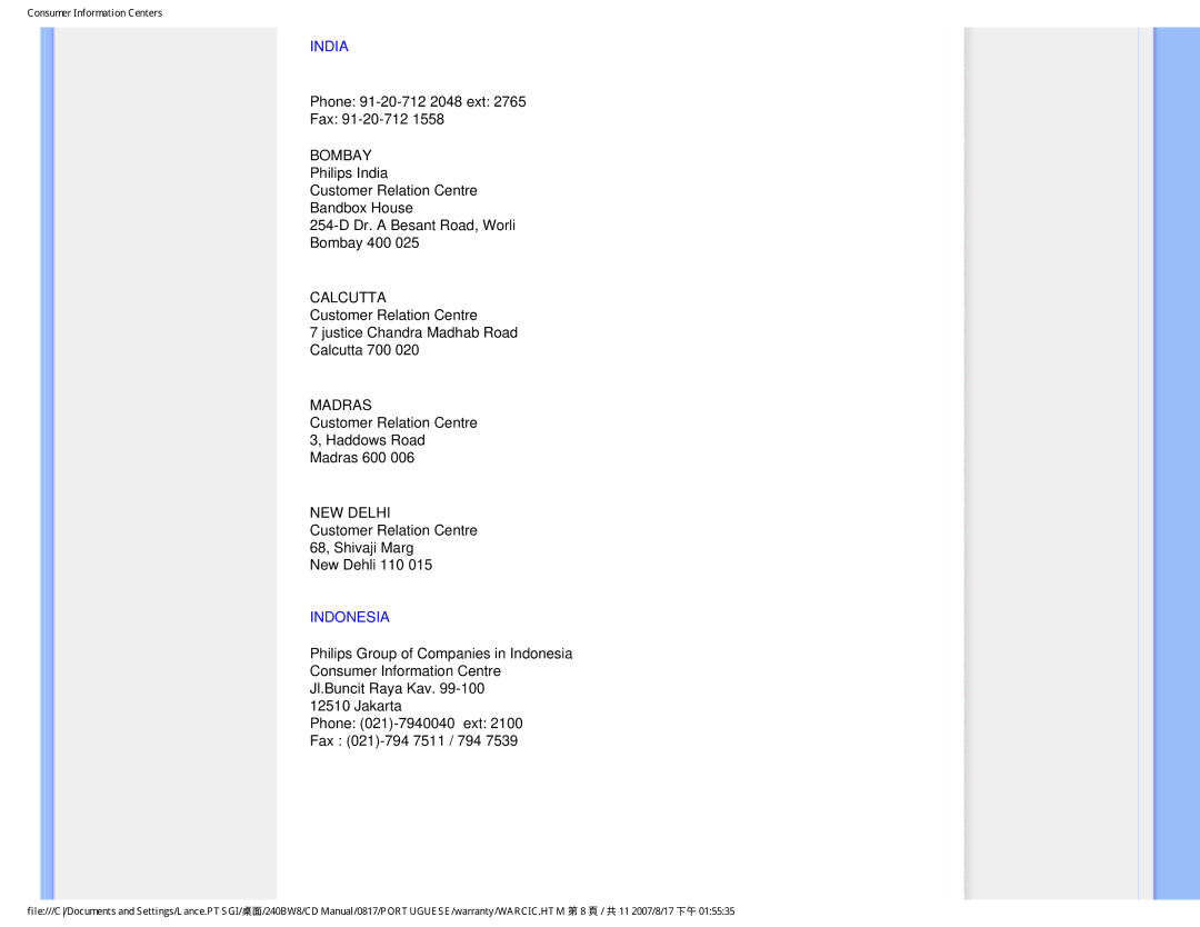 Philips 240BW8 user manual India, Indonesia 