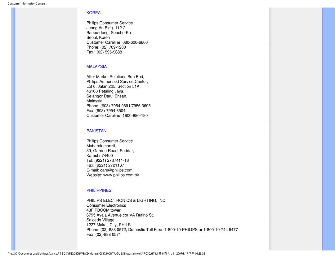 Philips 240BW8 user manual Korea, Malaysia, Pakistan, Philippines 