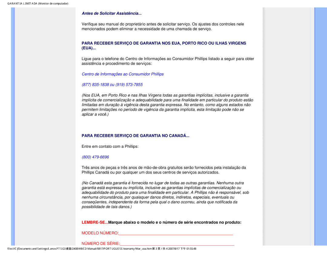 Philips 240BW8 user manual Antes de Solicitar Assistência 
