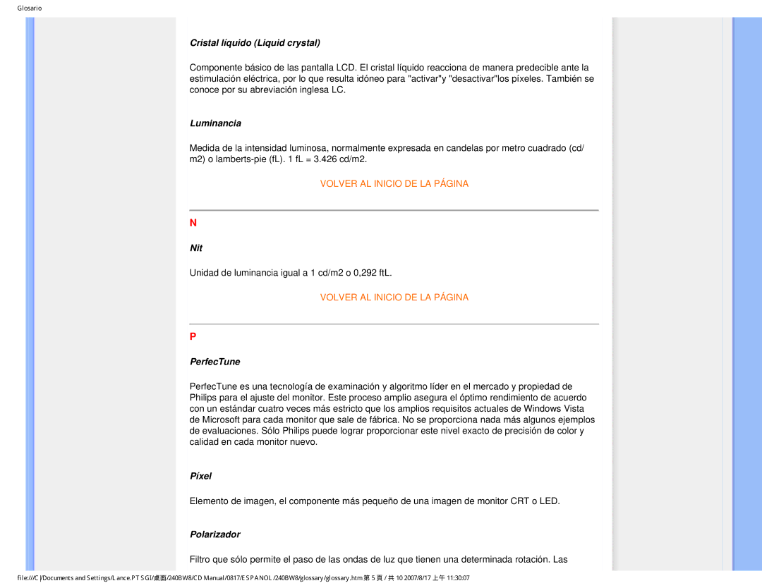 Philips 240BW8 user manual Cristal líquido Liquid crystal, Luminancia, Nit, PerfecTune, Píxel, Polarizador 