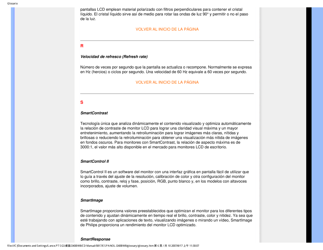Philips 240BW8 user manual Velocidad de refresco Refresh rate, SmartContrast, SmartControl, SmartImage, SmartResponse 
