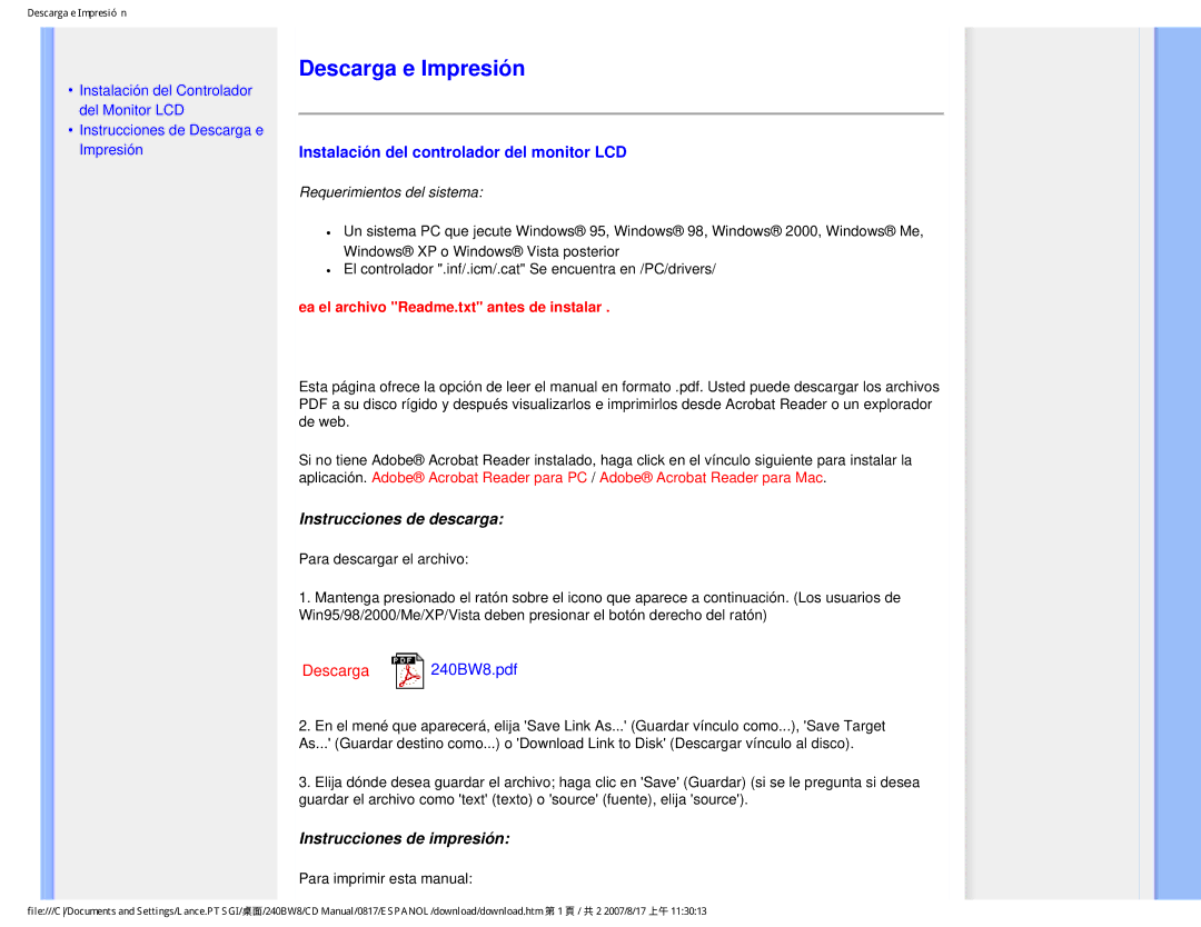 Philips 240BW8 user manual Descarga e Impresión, Instalación del controlador del monitor LCD 